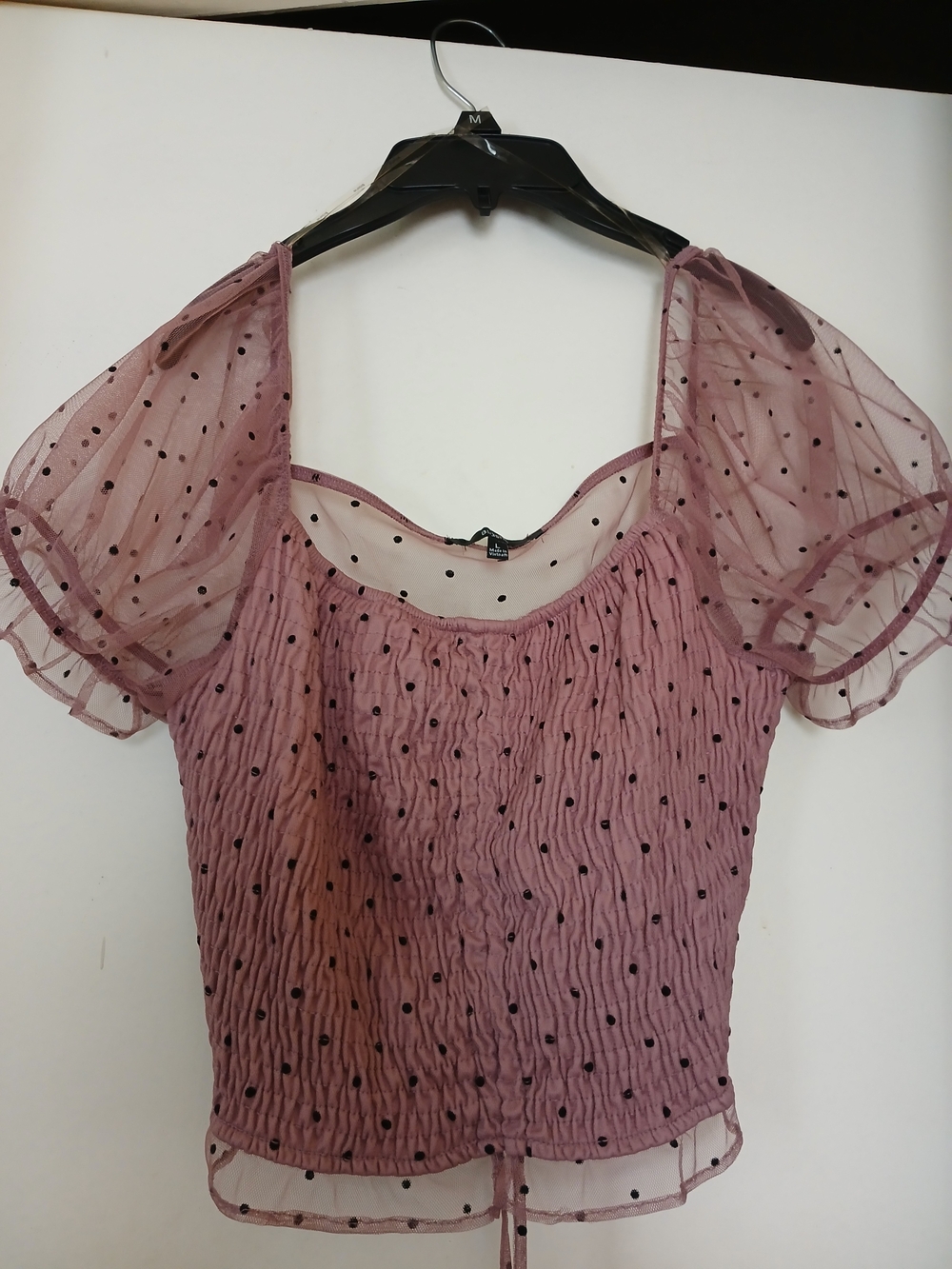 Smocked Mauve Polka Dot Puff Sleeve Blouse